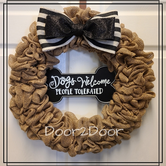 Burlap Home Decor Dog Wreath with black and white bow